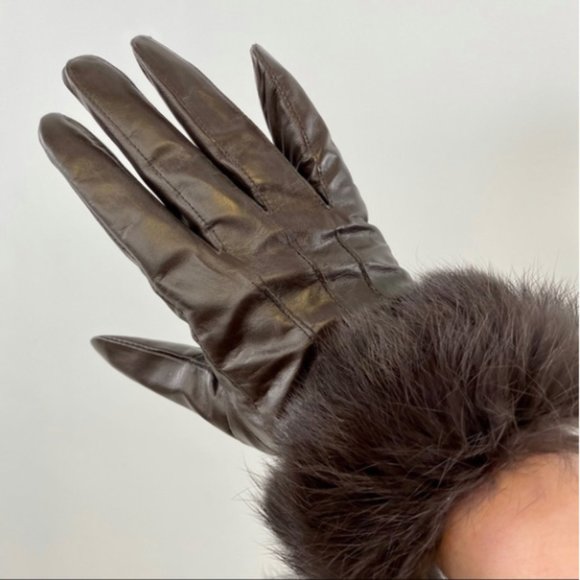 Leather Fur Gloves Large Rabbit Trim Short Brown - Picture 9 of 12